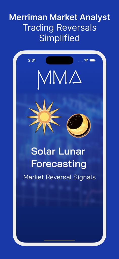 Merriman Market Analyst - Merriman Market Analyst app splash screen featuring solar lunar forecasting and market reversal signals