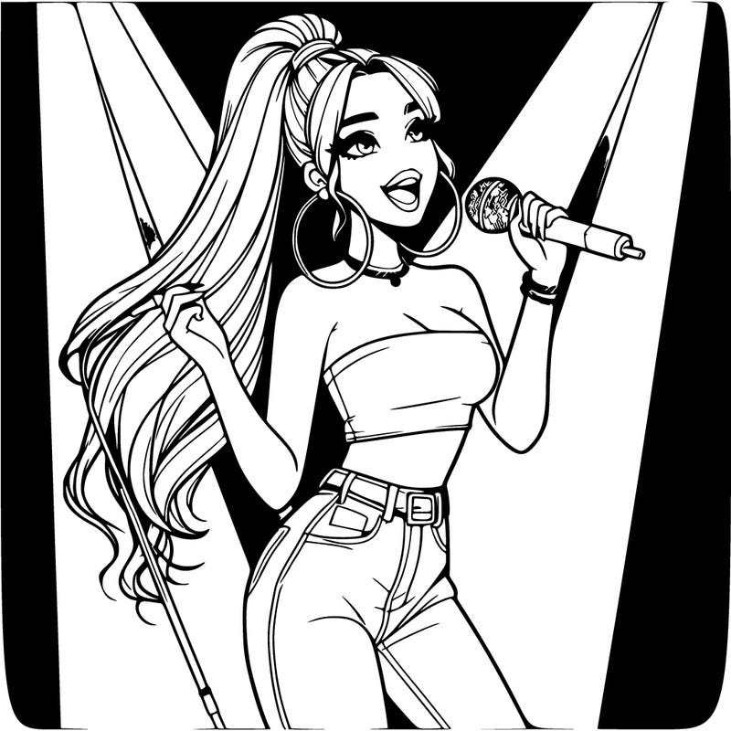 realistic girl with hoop earings and a crop top and jeans with long hair in a high ponytail singing on a stage
