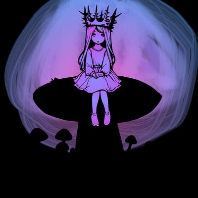 realistic girl sitting on a huge tree stump size toadstool with thorn crown