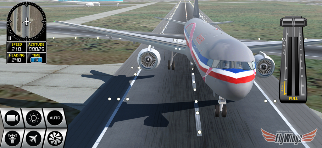 Flight Simulator FlyWings 2016 - Commercial jet on an airport runway with flight control interface in Flight Simulator FlyWings 2016.