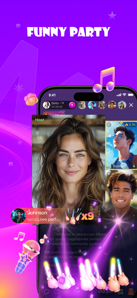 Moma Live App-Oberfläche, die eine Live-Gruppen-Video-Party mit digitalen Geschenk-Animationen und mehreren Teilnehmern anzeigt.