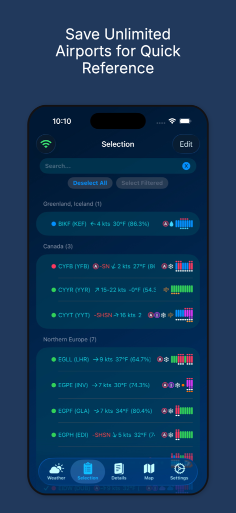 AvWx - Interfaz de la aplicación AvWx que muestra una lista de aeropuertos guardados con datos METAR y de viento resumidos para una referencia rápida.