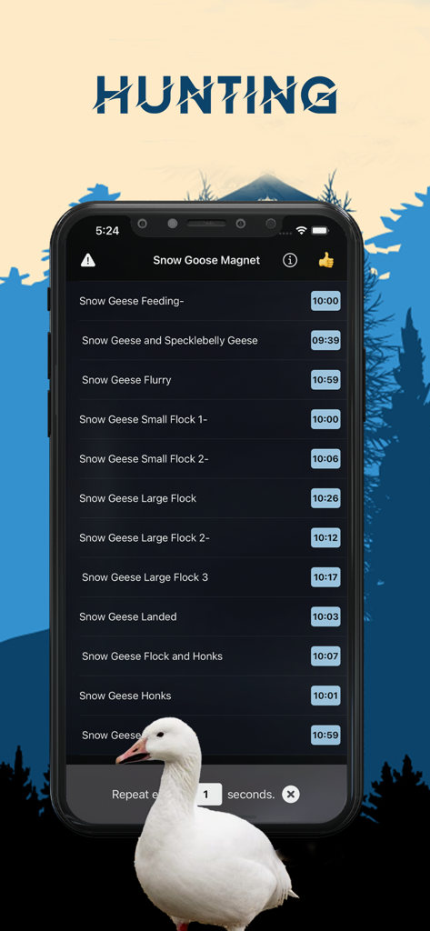 Snow Goose Magnet- Goose Calls - Mobile app interface for Snow Goose Magnet showing a list of snow goose sounds for hunters.