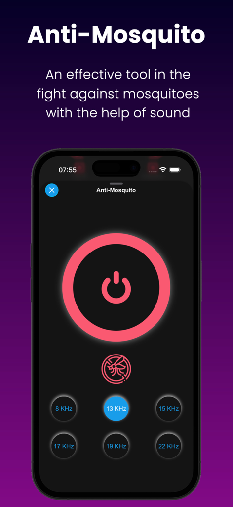 Interface of the Anti Mosquito tool showing various sound frequency options