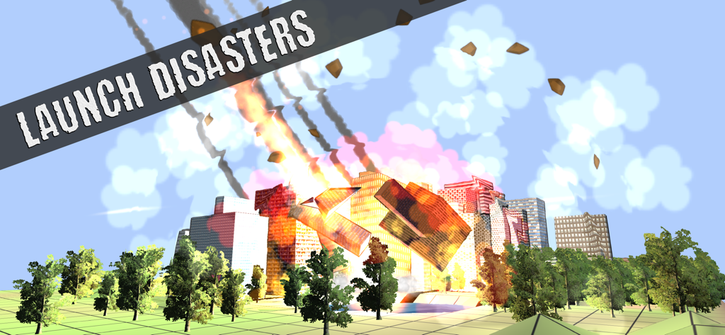 Unnatural Disaster - Meteors striking a city with the text Launch Disasters in the Unnatural Disaster mobile game