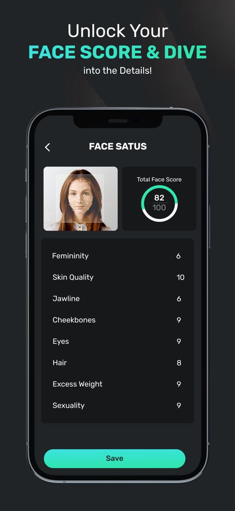 Celebrity Face Alike Rater - Interface of the Celebrity Face Alike Rater app showing a facial analysis with a total score of 82 and detailed ratings for skin quality, eyes, and jawline.