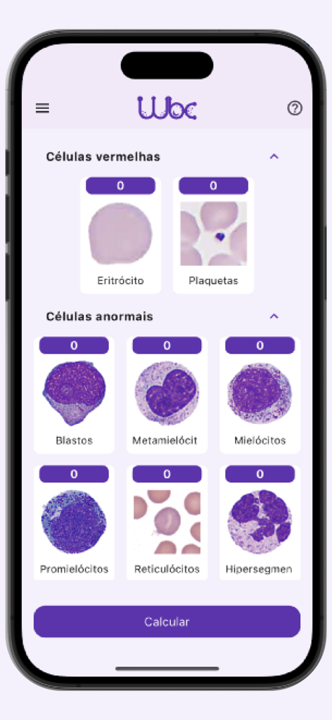 Leucogram | wbc counter - La interfaz de la aplicación Leucogram que muestra diferentes tipos de células sanguíneas como eritrocitos y plaquetas con contadores individuales para análisis diferencial manual.