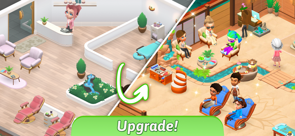 Serenity's Spa: Beauty Salon - Ein Vergleich zeigt ein einfaches Spa-Interieur und eine aufgerüstete luxuriöse Außen-Spa-Umgebung