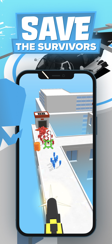 Z Escape gameplay showing a rooftop shooter mission to save survivors from a zombie crowd