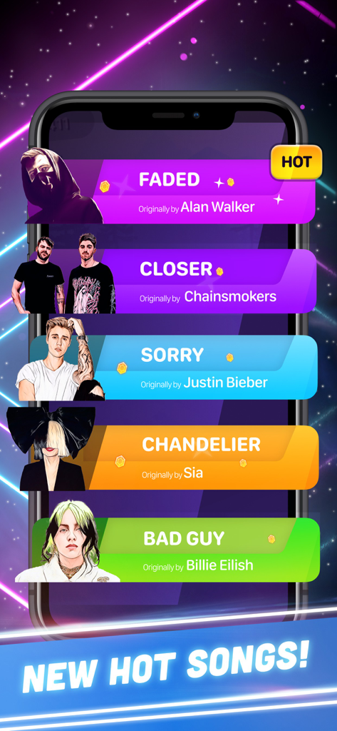 Mobile app screen showing a selection of popular hit songs from artists like Billie Eilish and Justin Bieber in the Beat Tiles 3D music game
