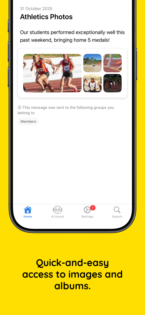 d6 School Communicator - Screenshot of the d6 School Communicator app showing a school athletics photo gallery for parents