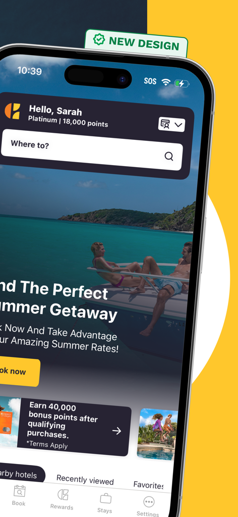 리워드 포인트와 호텔 검색창이 있는 초이스 호텔 모바일 앱 홈 화면