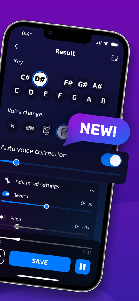Voice Tuner — AI Vocal Changer - Benutzeroberfläche der Voice Tuner App, die automatische Gesangskorrektur, Tonartwahl und erweiterte Audioeffekte wie Hall und Tonhöhe zeigt