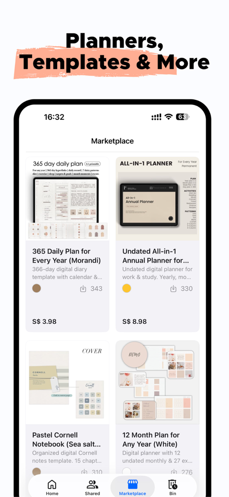 Notewise - AI Notes, PDF, Docs - Notewise app marketplace screen displaying a variety of digital planner and notebook templates available for purchase