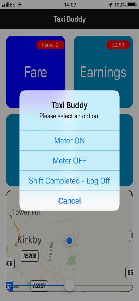 UK Taxi Buddy - UK Taxi Buddy app interface showing meter options and earnings dashboard over a map