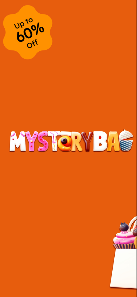 Pantalla de bienvenida de la aplicación Bolsa Misteriosa con el logo y una oferta de descuento del sesenta por ciento