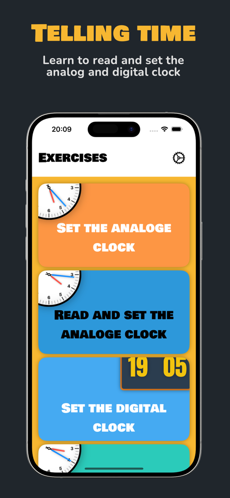 Kloklezen - iPhone screen displaying the exercise menu of the Telling Time educational app with options for analog and digital clock practice