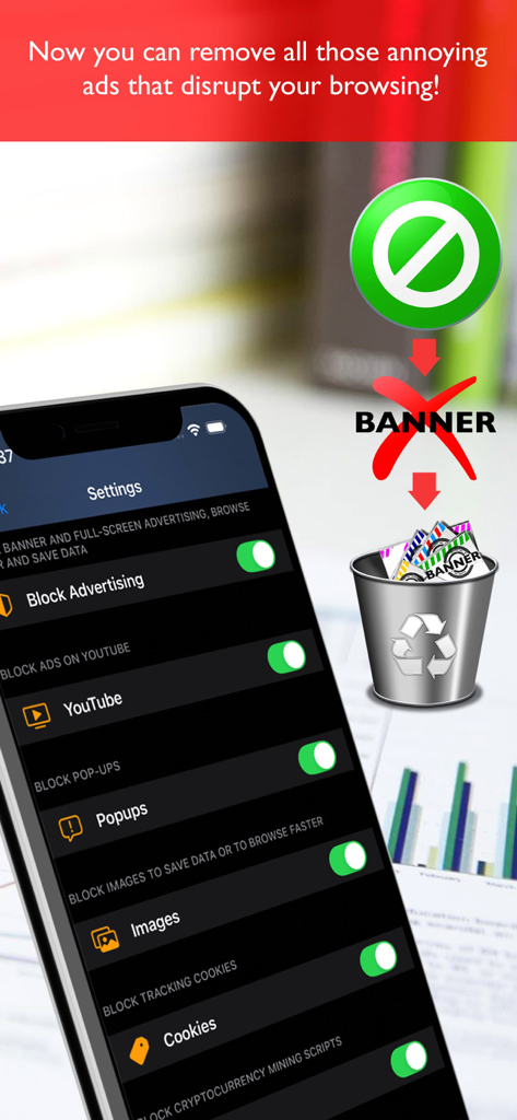 iPhone che mostra il menu delle impostazioni di Block Ad Pro con le opzioni per attivare il blocco degli annunci per YouTube, i pop-up e i cookie.