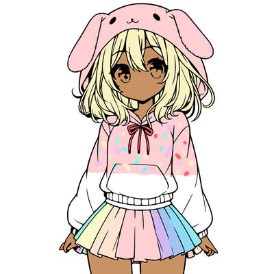 pretty anime girl wearing a fluffy hoodie with bunny ears on the hood and a skirt