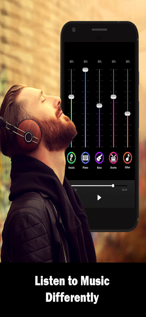 Man wearing headphones next to a phone displaying the SplitHit app multi track audio equalizer