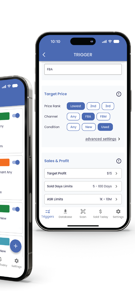 Bookzy App - A mobile interface of the Bookzy app showing the trigger settings for Amazon book scouting including target price and profit limits.