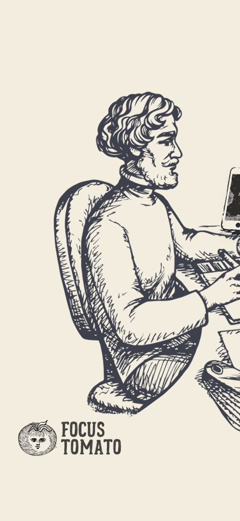 Focus Tomato - Let's focus now - Una ilustración estilo boceto vintage de un hombre trabajando en un escritorio con el logo de Focus Tomato