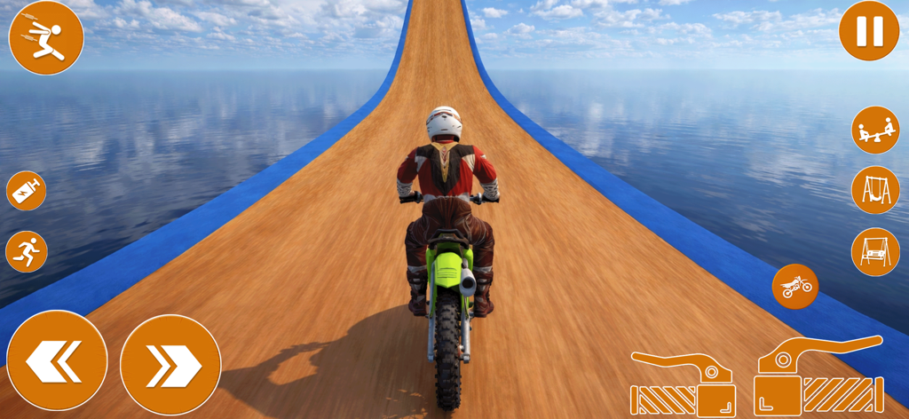 Un piloto de motocross en una rampa ancha de madera sobre el océano en Moto Wheelie Dirt Bike Racing