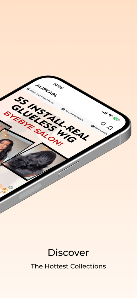 Alipearl: Best Human Hair Wigs - Alipearlモバイルアプリのインターフェース。グルーレス人毛ウィッグや人気のヘアコレクションを特集しています。