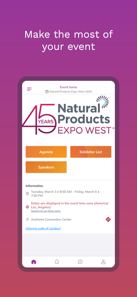 Expo West Event App - Home screen of the Expo West Event App showing navigation buttons for agenda, exhibitor list, and speakers