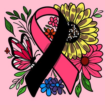 cancer awareness symbol with flowers and butterflies