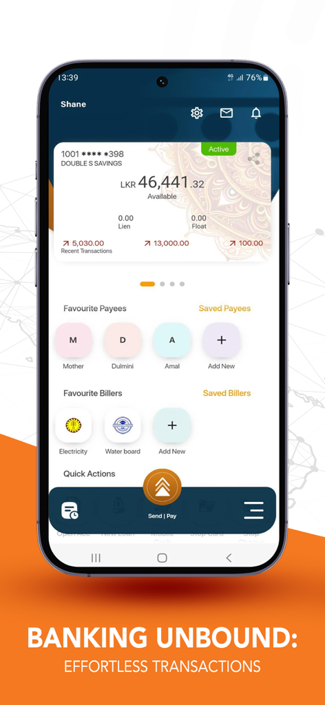 Dashboard of Sampath Vishwa Retail mobile banking app displaying account balance and favorite payees for effortless transactions.