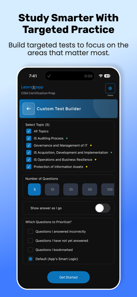 CISA & CISM: ISACA Exam Prep - Custom test builder interface in the CISA and CISM exam prep app allowing users to select topics and question types.
