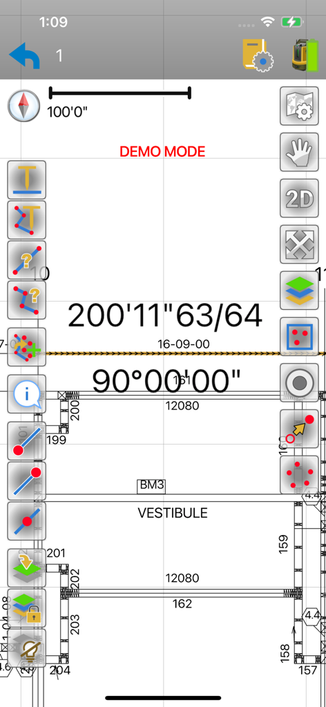 Topcon Field Mobile - Topcon Field Mobile app interface showing a technical floor plan layout with precise surveying measurements