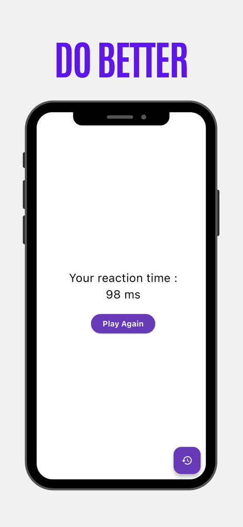 Reaction Time - Reflex Test - Uma pontuação de tempo de reação de 98ms no aplicativo móvel Teste de Reflexos