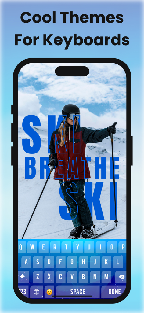 Text Fonts, Emojis & Symbols - ソーシャルメディアの美学のために装飾的なテキストと青い背景を持つカスタムキーボードテーマを表示するスマートフォン。
