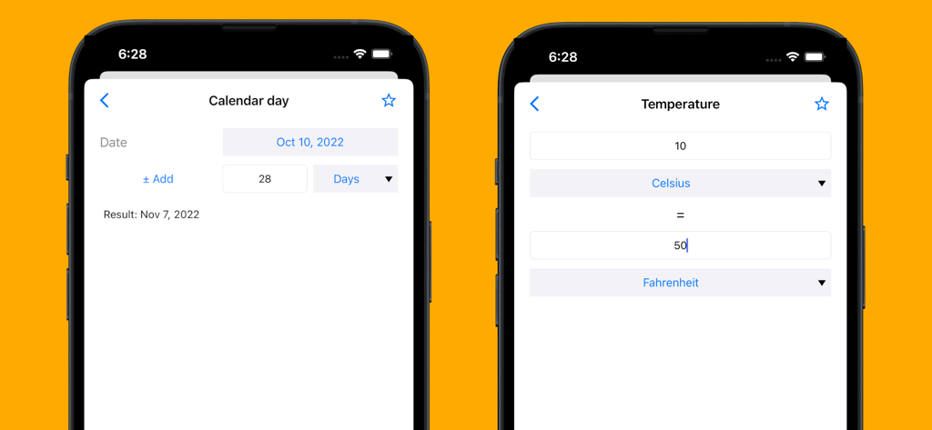 Interfaccia di OneCalc+ Calcolatrice Tutto-in-uno che mostra gli strumenti di calcolo della data e di conversione della temperatura.