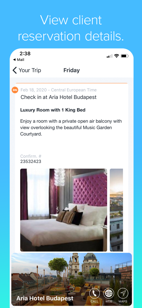 Travefy Pro app interface showing client hotel reservation details for a luxury hotel in Budapest