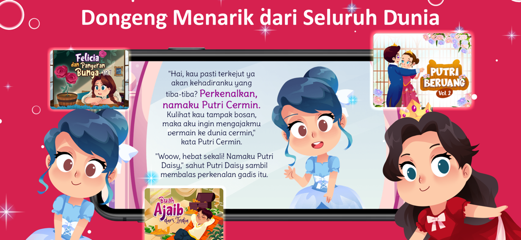Riri Story Book - A screenshot of the Riri Story Book app showcasing colorful interactive fairytales and characters for children.