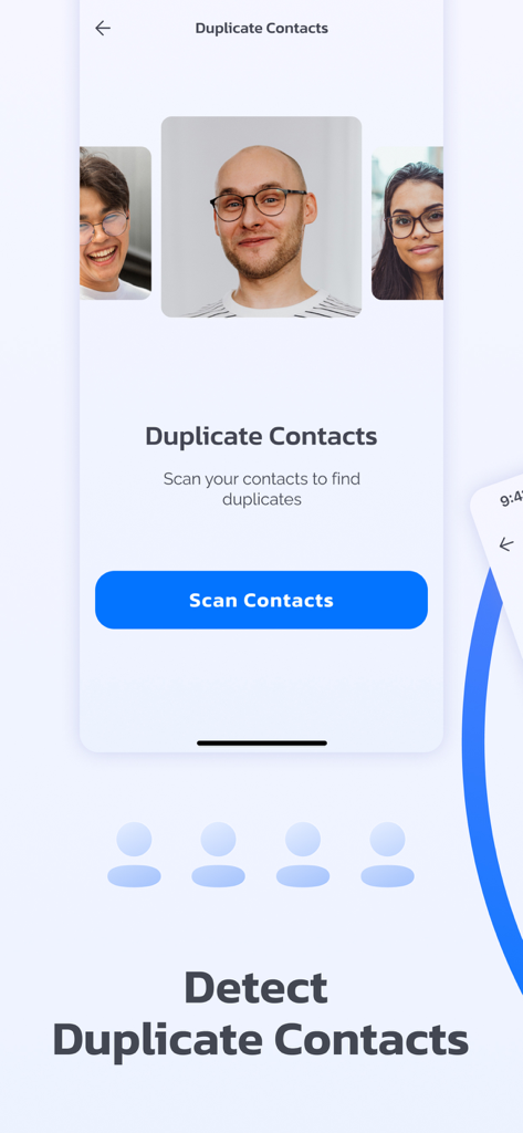 Boosty app interface for detecting and scanning duplicate phone contacts