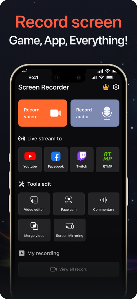 Screen Recorder Zモバイルアプリのダッシュボード。画面録画およびライブストリーミングツールが表示されています