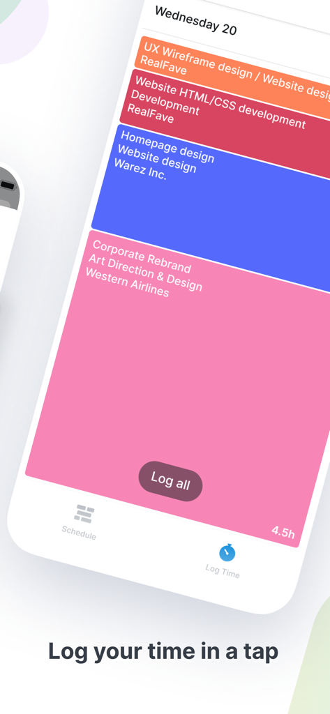 Eine mobile Benutzeroberfläche der Float App, die eine Liste geplanter Aufgaben wie UX-Design und Entwicklung mit einer Schaltfläche zur Zeiterfassung für den Tag anzeigt