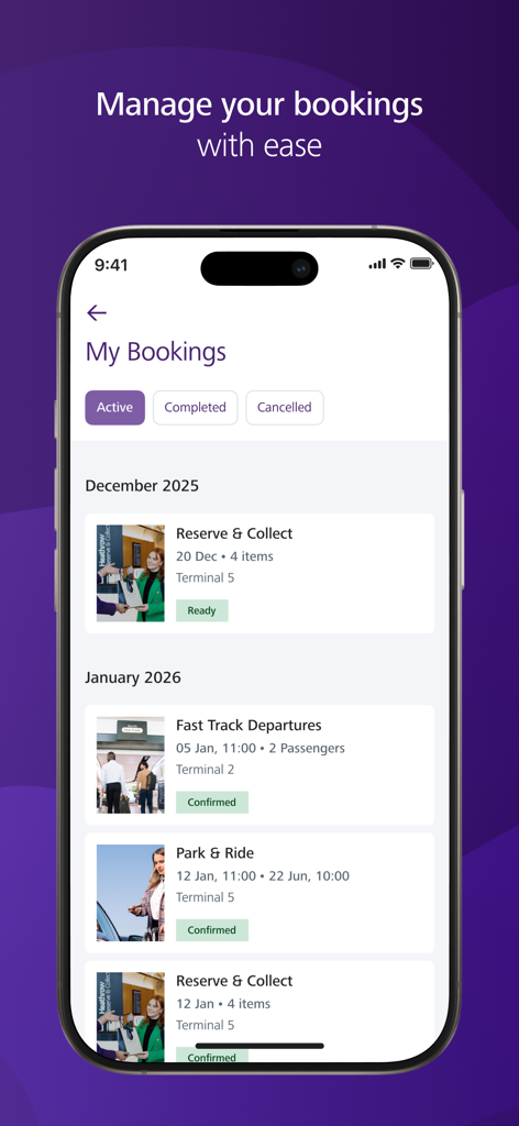 Heathrow 공항 앱의 내 예약 화면을 보여주는 스마트폰 디스플레이로 공항 서비스에 대한 활성 예약 표시