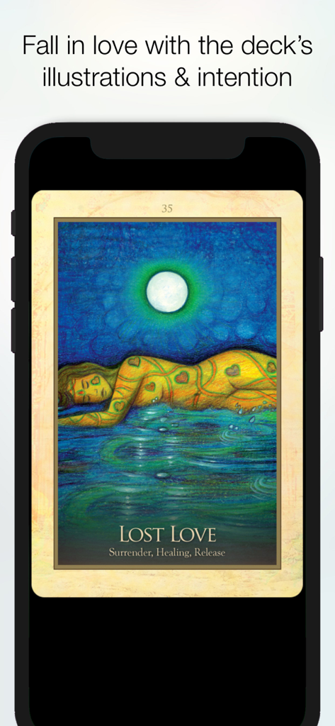 Gaia Oracle - Toni C. Salerno - The Gaia Oracle app displaying a Lost Love oracle card with spiritual artwork and healing affirmations.