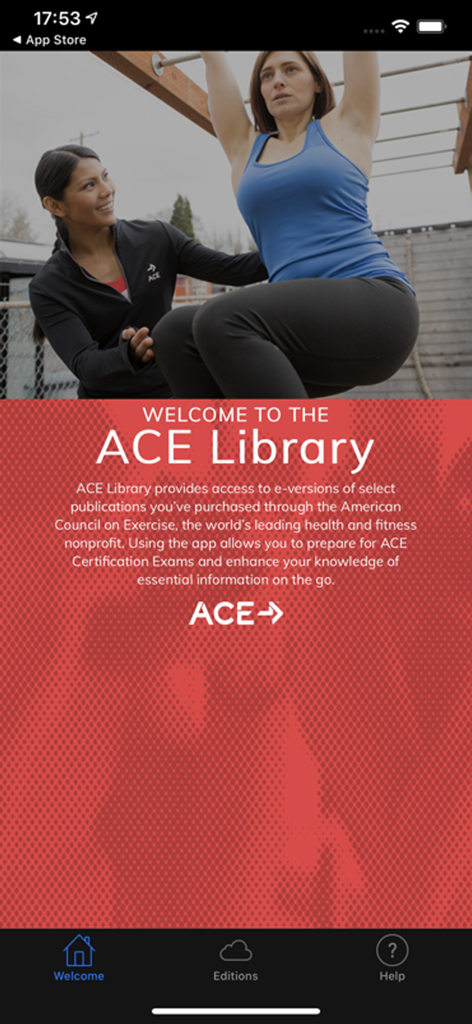 Écran d'accueil de l'application ACE Library montrant un entraîneur personnel en train de coacher un client et des informations sur les études pour la certification en fitness.
