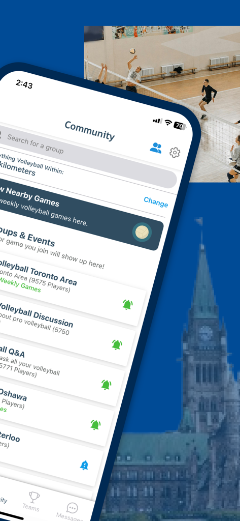 Schermata della community dell'app di pallavolo Javelin che mostra gruppi locali ed eventi di pallavolo in Canada.
