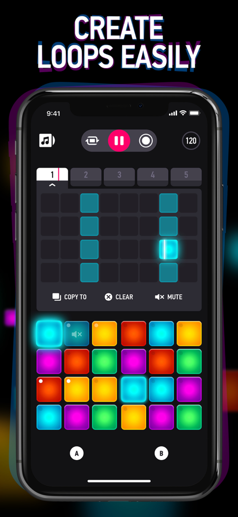 Beat Machine - Music Drum Pads - A smartphone displaying the Beat Machine app interface with colorful drum pads and a music sequencer under the text Create Loops Easily.