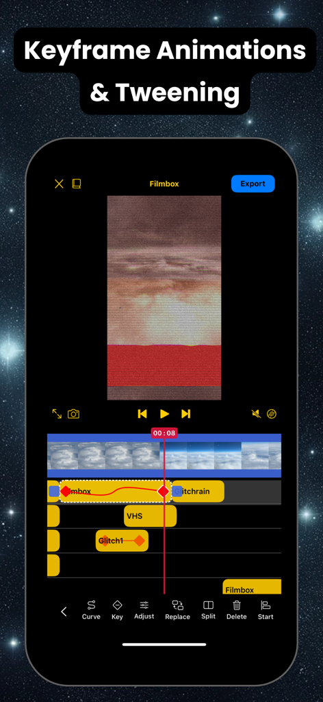 Syn-FX: Video Editor & Effects - Syn-FX mobile video editor interface showing keyframe animations and multiple effect tracks on a timeline