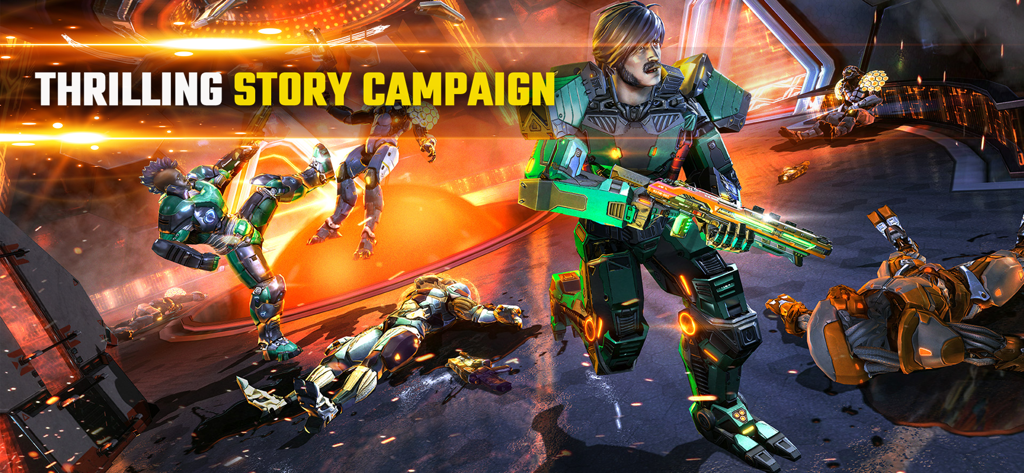 An armored warrior in green and black armor holding a futuristic weapon during a story campaign mission.