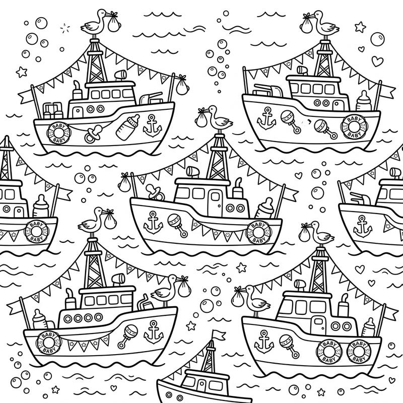 Welcome a new arrival with this charming coloring page featuring patrol boats adorned with sweet baby shower elements. It's a delightful way to celebrate and get creative with a unique nautical theme.
