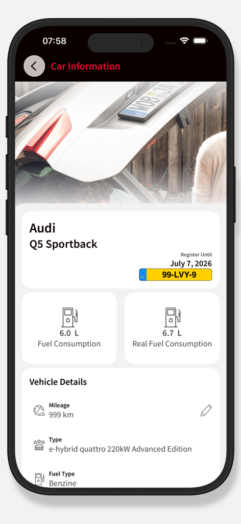 Tela do aplicativo Audi Private Lease exibindo informações do carro e detalhes do veículo para um Audi Q5 Sportback